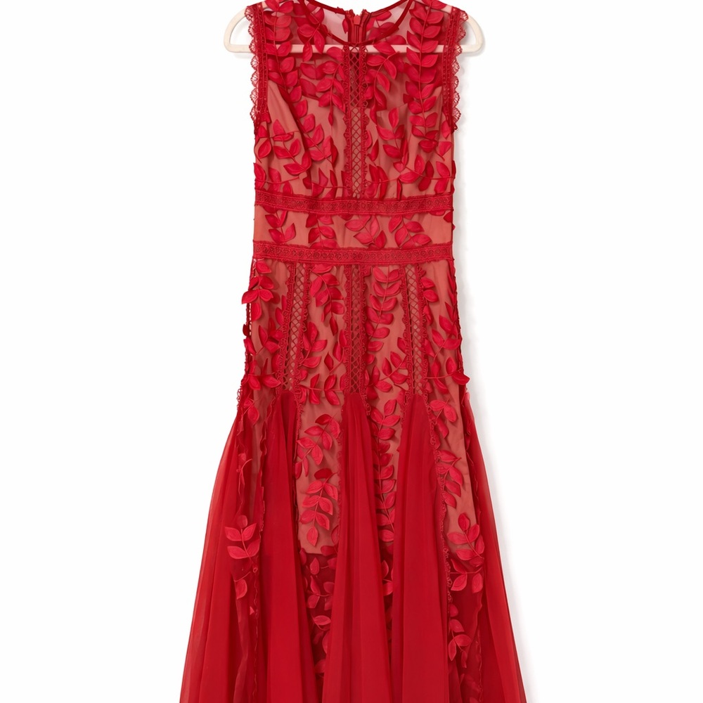 Anthropologie Red Occasion Dress with Embroidery and Appliqué, Size M (6 US)